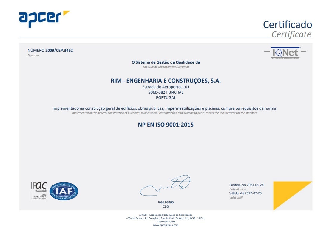 Certificado NP EN ISO 9001:2015